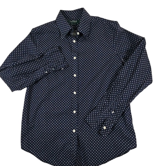 Lauren Ralph Lauren Tops - Lauren Ralph Lauren Womens Navy Blue Polka Dot Non Iron Cotton Shirt Medium